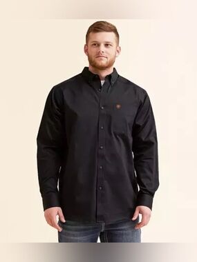 Ariat Mens Shirt Black Twill Solid Western Classic Fit Logo Button Down Size L